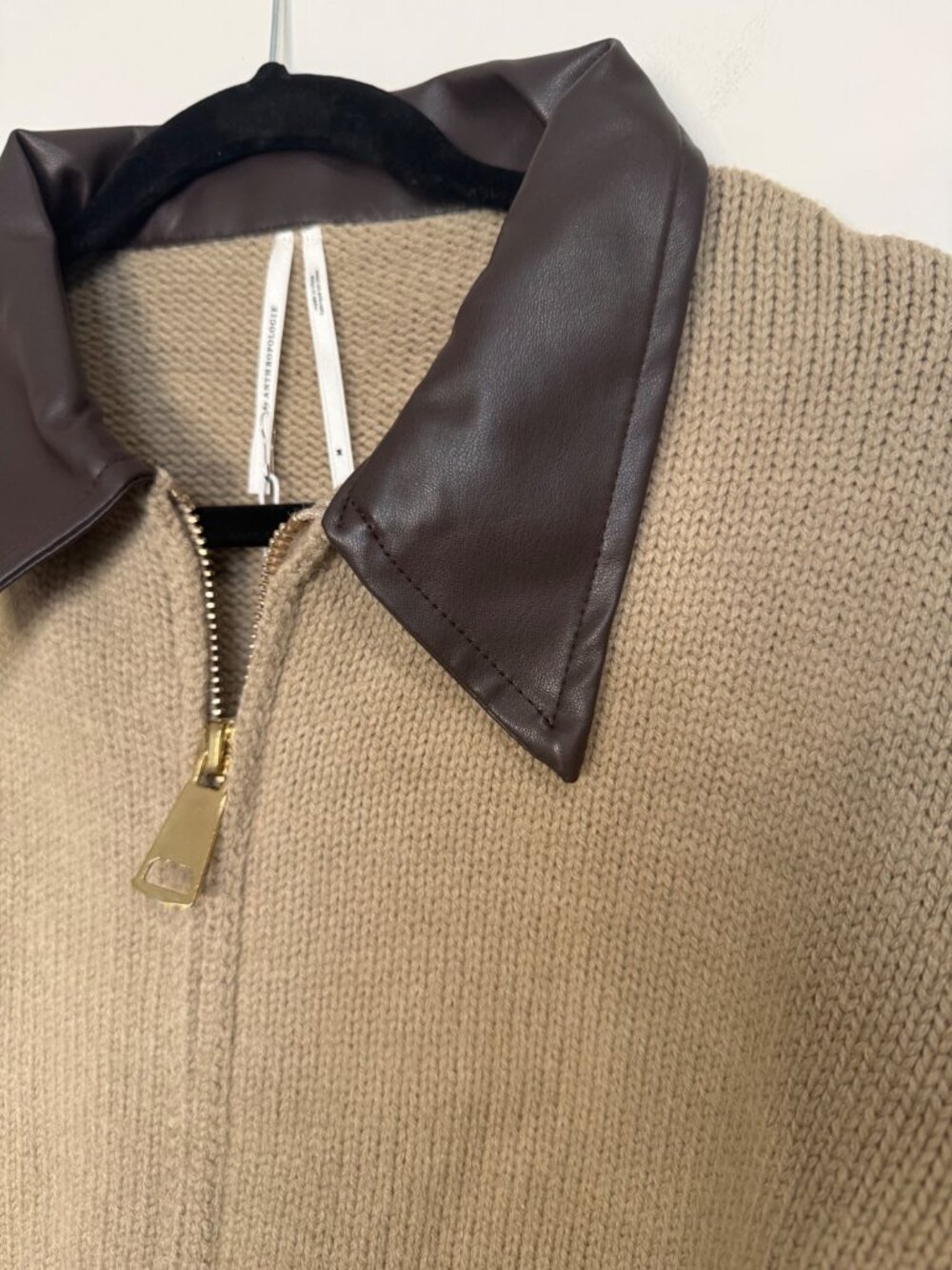 By Anthropologie Faux Leather Mixed Zip Cardigan Sweater Camel Black Medium - Picture 4 of 9